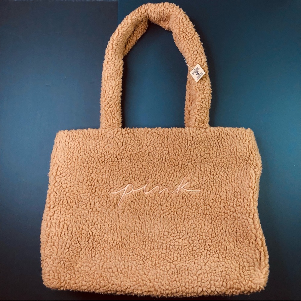 PINK Victoria's Secret Brown Cozy Plush Fleece Tote Bag Purse Sherpa Embroidered